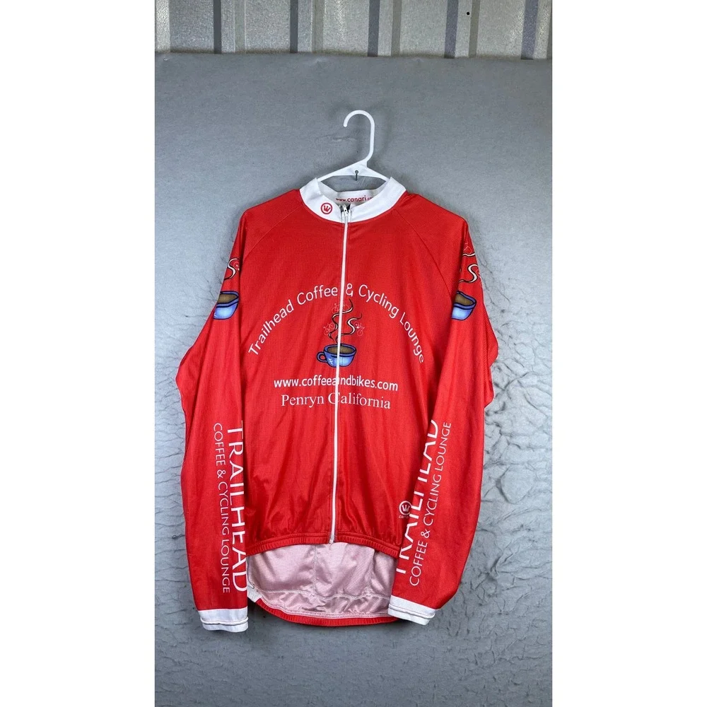 Canari Cycling Jersey Mens L Red Excellent Trailhead Coffee Long Sleeve Zip